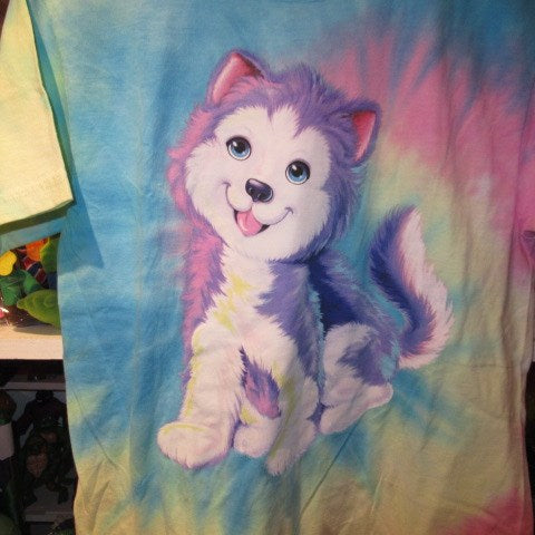 LISA FRANK★リサフランク★Tシャツ★フィギュア★人形★ぬいぐるみ★タイダイ★Lady's★Lサイズ★イヌ★ハスキー★新品★