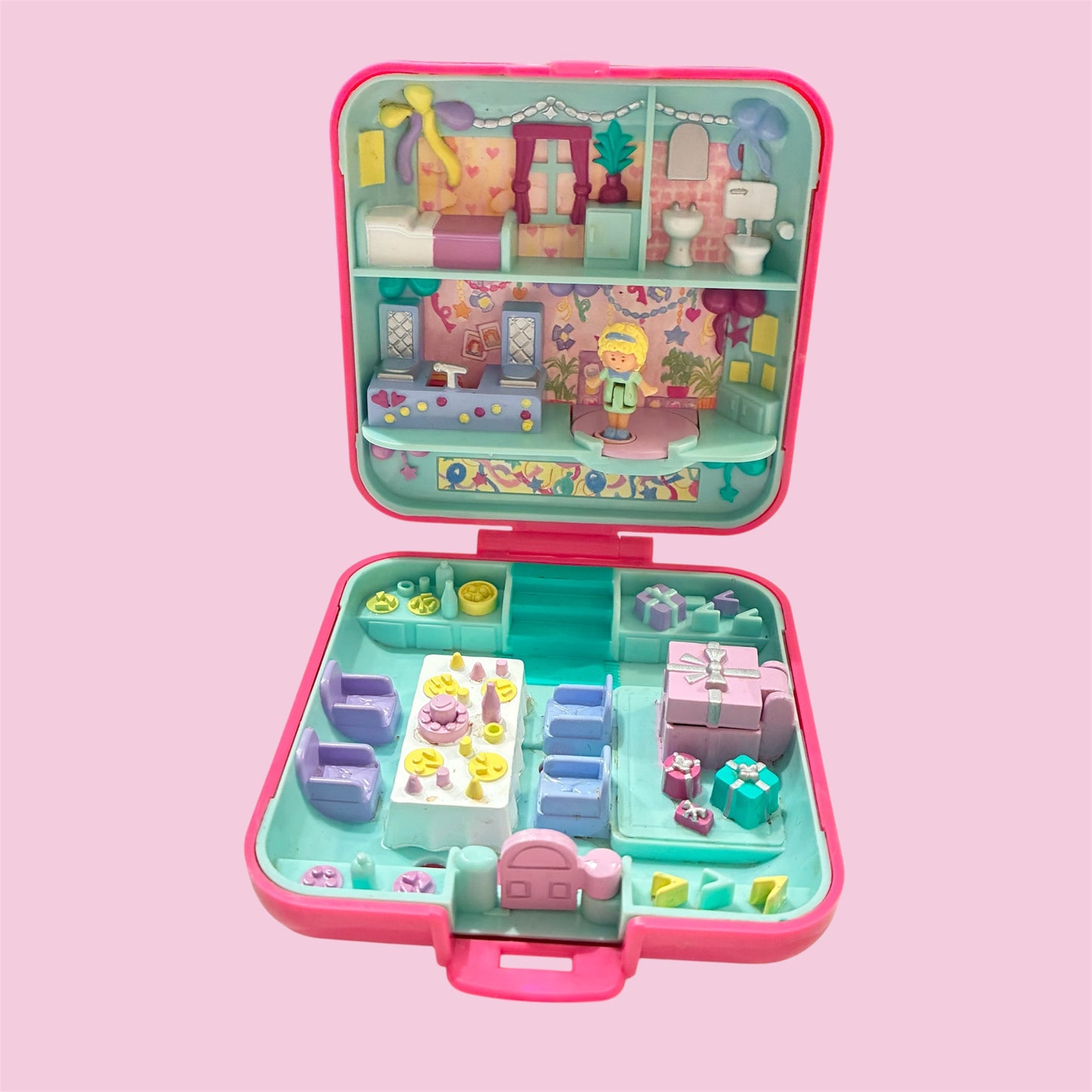 1989年★80's★90's★Polly Pocket★ポーリーポケット★Party time Surprise★小物入れ★コンパクト★ビンテージ★人形★ぬいぐるみ★フィギュア★ピンク★四角形